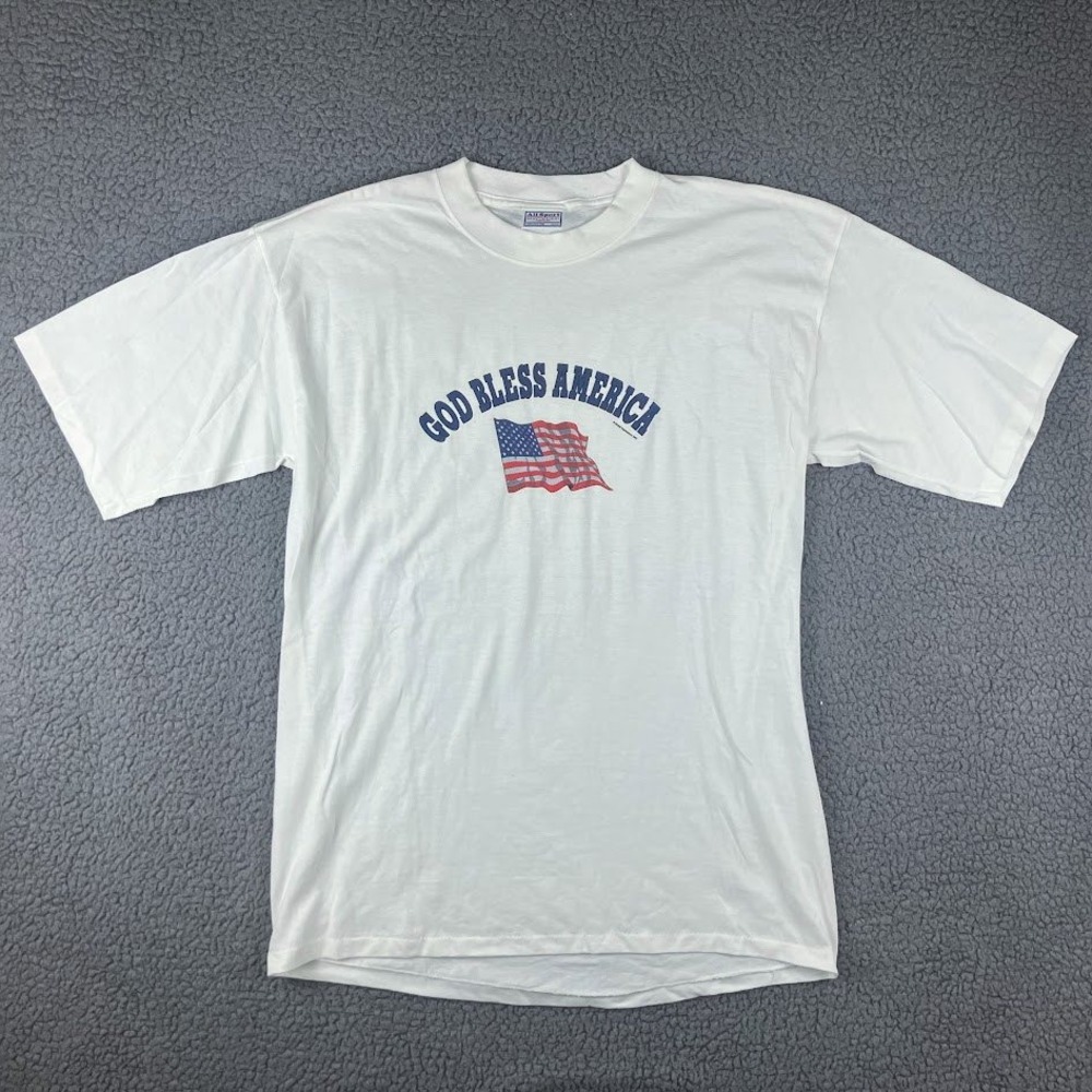 Vintage All Sport God Bless America Flag T-Shirt White Large 2001 Heavyweight